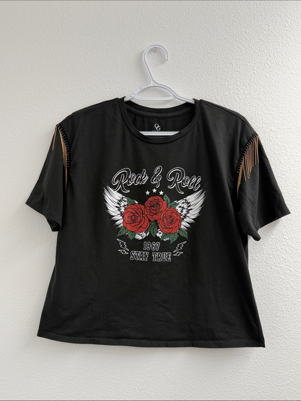 Y2K relaxed Rock & Roll Graphic boxy Tee with gold Fringe size large